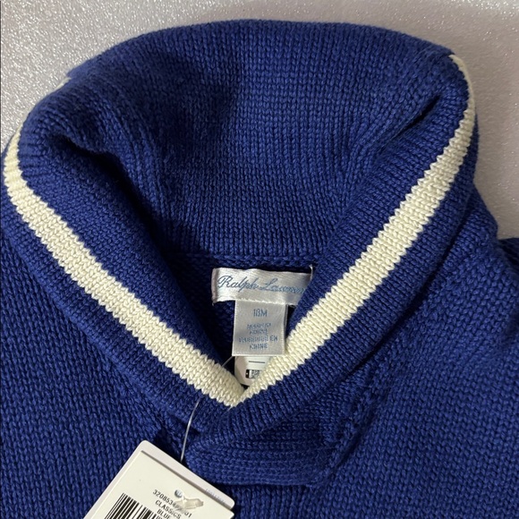 Polo by‎ Ralph Lauren blue and white toddler shawl neck sweater nwt - Picture 2 of 4